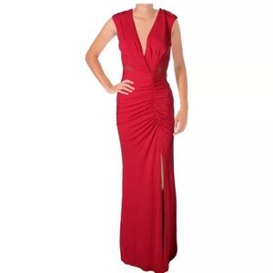 NEW Allen Schwartz Red Ruched Deep V Slit Gown XS